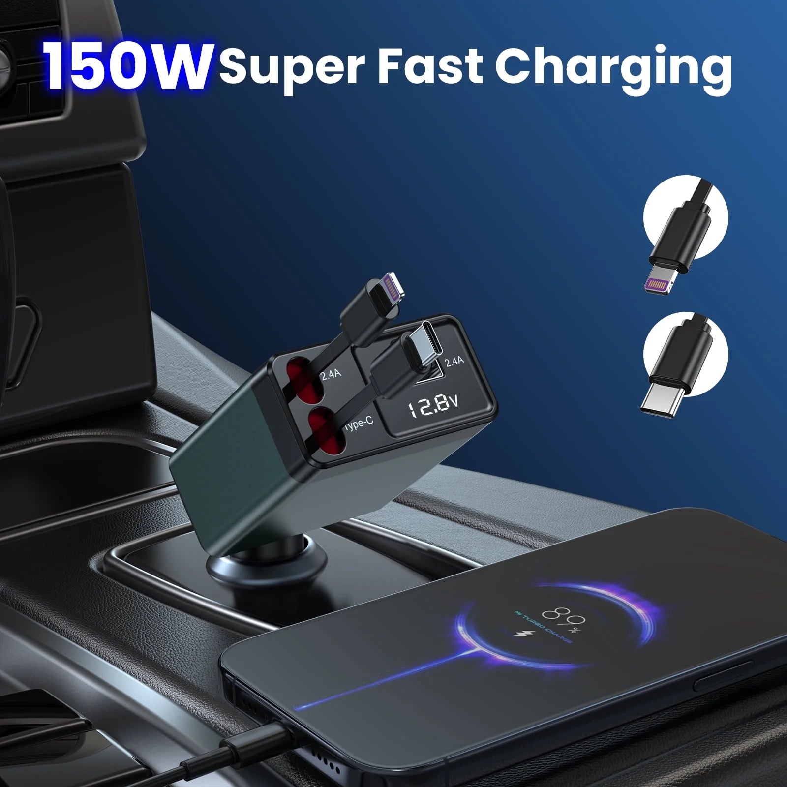 Retractable Car Charger Adapter, 150W Fast Charger for Car, 4 in 1 Car Phone Charger with Cables(2.6Ft), 180° Adjustable,Voltage Display-Green